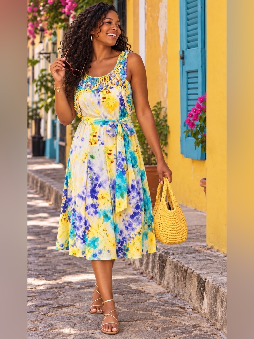 Muse Floral Midi Dress in White, Yellow, Blue and Purple